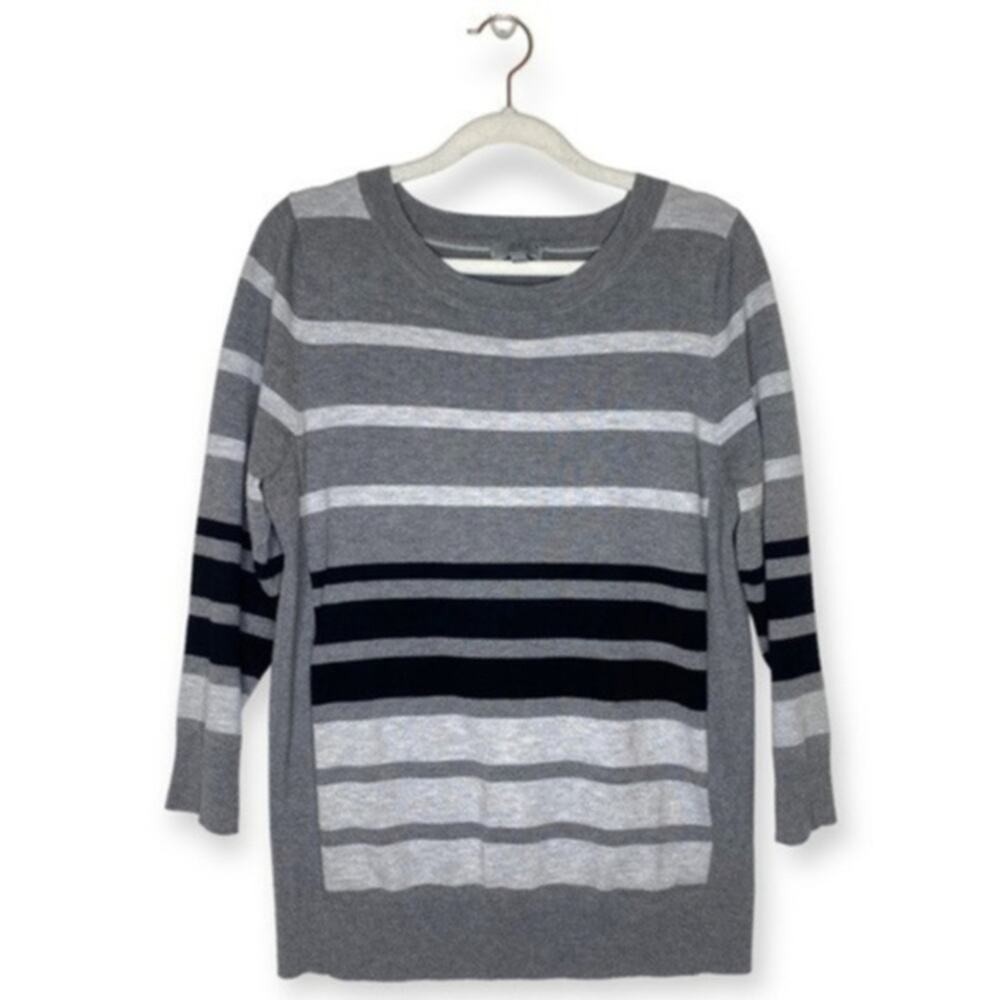 Joseph A gray striped pullover sweater crewneck lightweight 3/4 sleeve size L